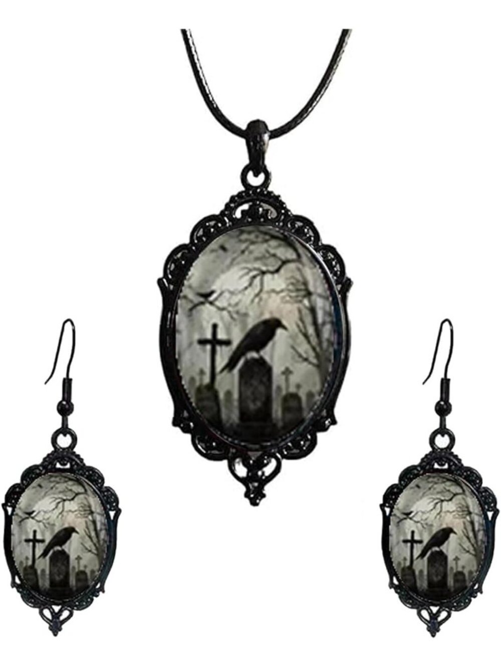 Vintage Gothic Raven Bat Witch Jewelry Set Cameo Necklace Earrings-A7:Raven